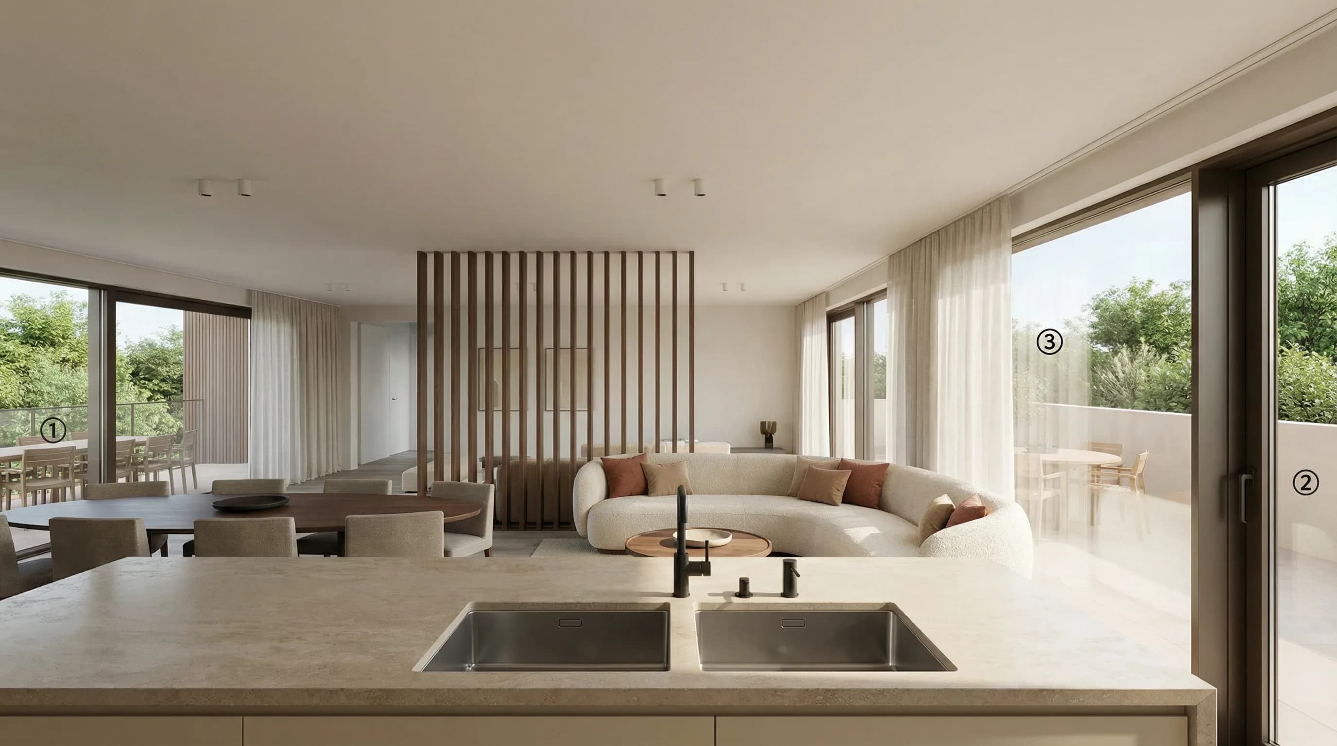 Portal render — open-plan living room, photorealistic