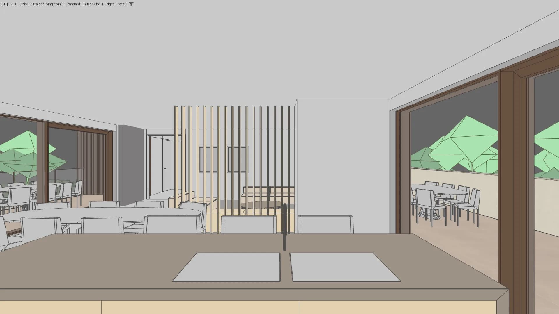 Raw SketchUp viewport — open-plan living room, before Portal render