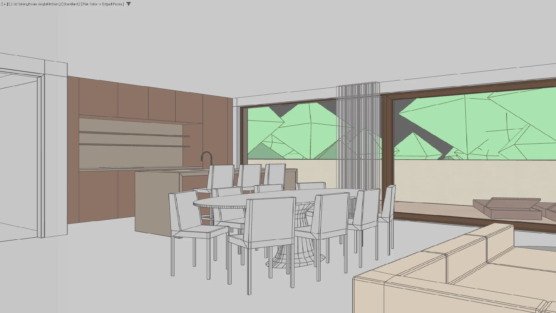 Raw SketchUp viewport — kitchen and dining area, before Portal render