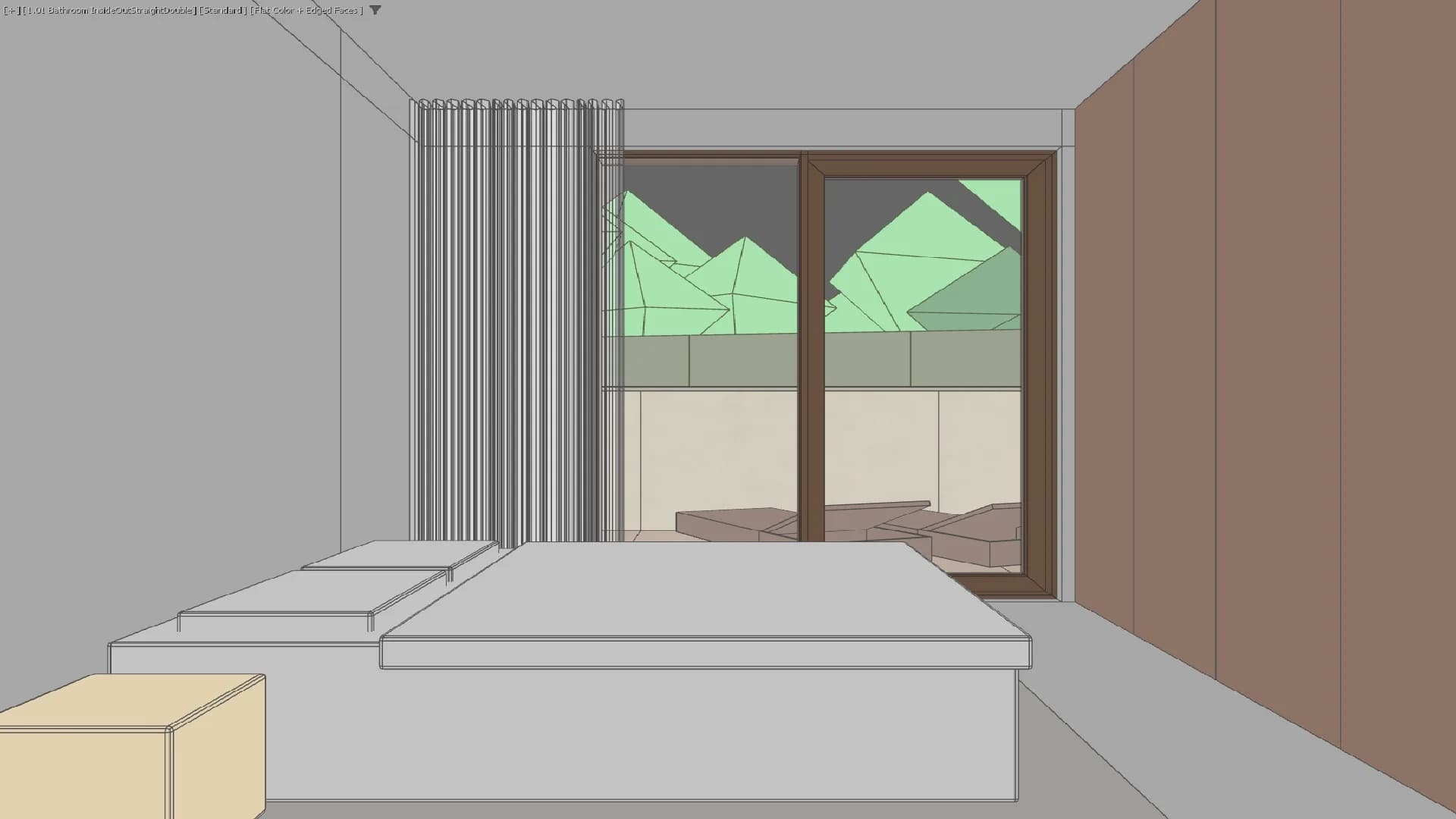 Raw SketchUp viewport — bedroom with terrace, before Portal render